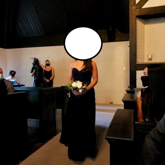 Mori Lee Strapless Chiffon Bridesmaid Dress with Draped Sweetheart Bodice, Navy - Picture 3 of 5